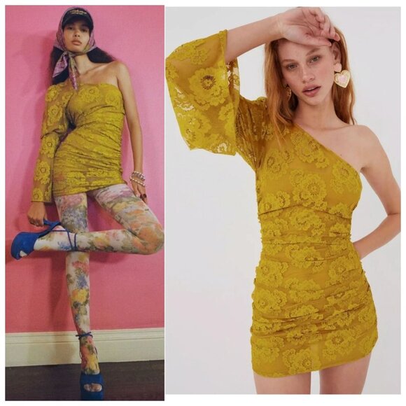 NWT For Love and Lemons Tiana Lace Mini Dress One-Shoulder Floral Yellow XS - Picture 2 of 16
